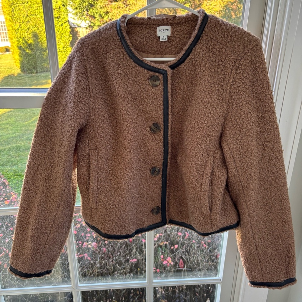 J. Crew Women's Tan Faux Fur Jacket with Brown Leather Trim